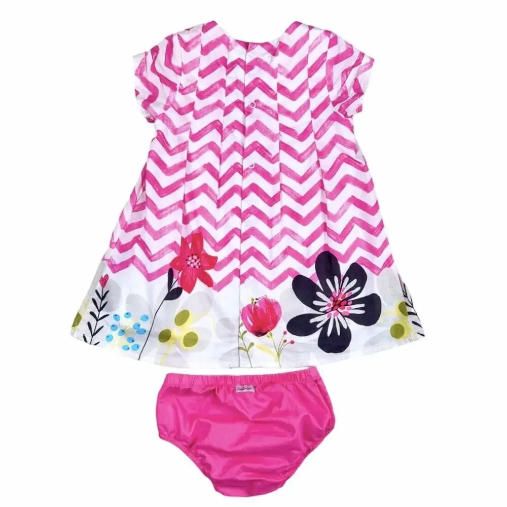 Catimini Dress Set Baby 18M Pink Chevron Floral Bloomer Cotton Spring Outfit